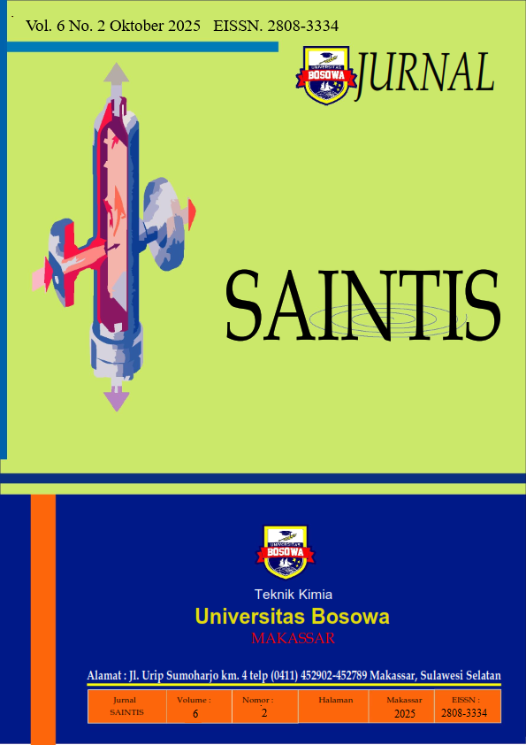 Saintis diterbitkan oleh Program Studi Teknik Kimida dan Unibos Engineering Faculty E-Journal System (UEFS) Fakultas Teknik Universitas Bosowa. Jurnal ini merupakan jurnal peer-peer review yang bersifat terbuka, terbit 2 (dua) kali dalam setahun yang mempublikasikan karya penelitian kerya penelitian inovatif dalam bidang sains. Teknologi dan lingkungan, serta bidang lain yang relevan.